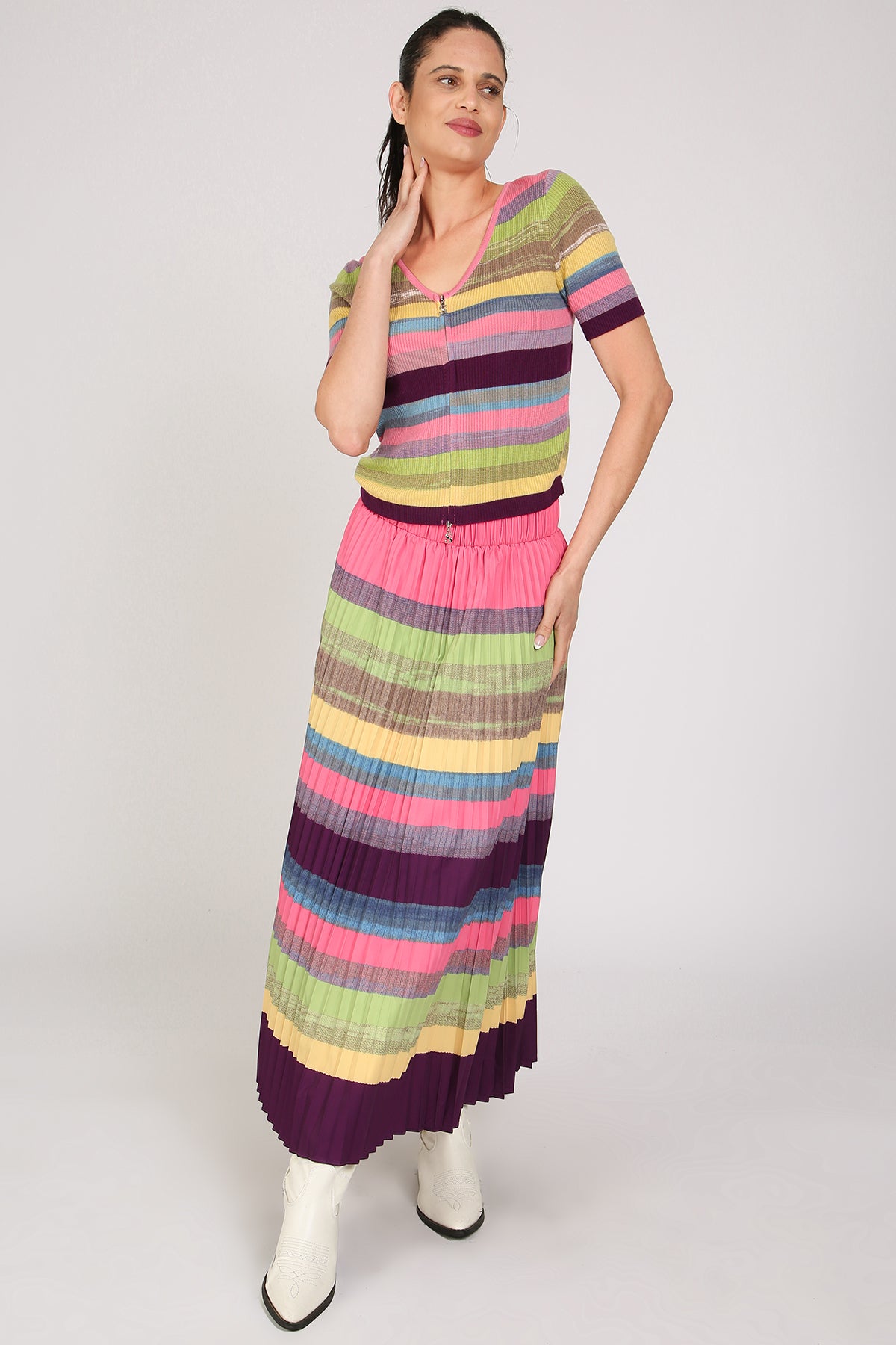 Shannon Multicolor Stripe Patterned Knit Top & Skirt Set