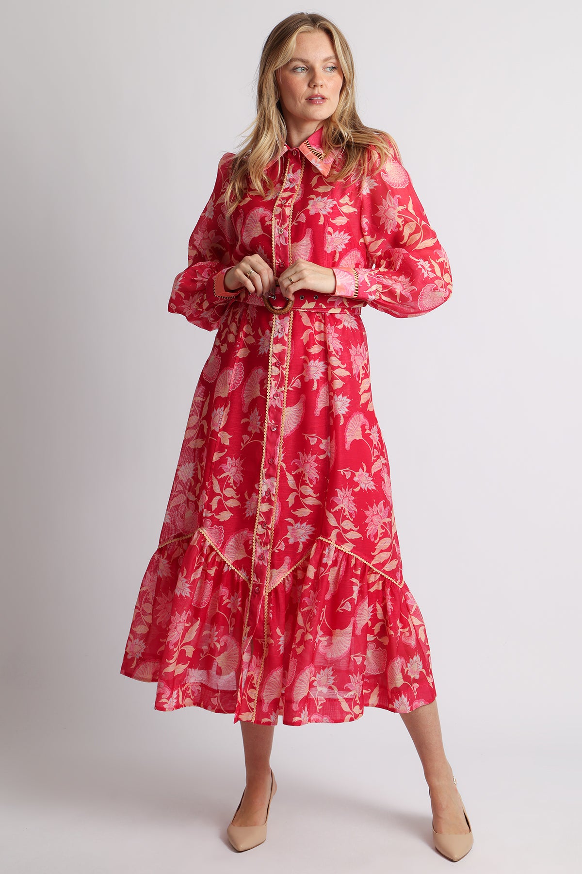 Samson Floral Print Lace Trim Belted Maxi Dress - Shop Beulah Style