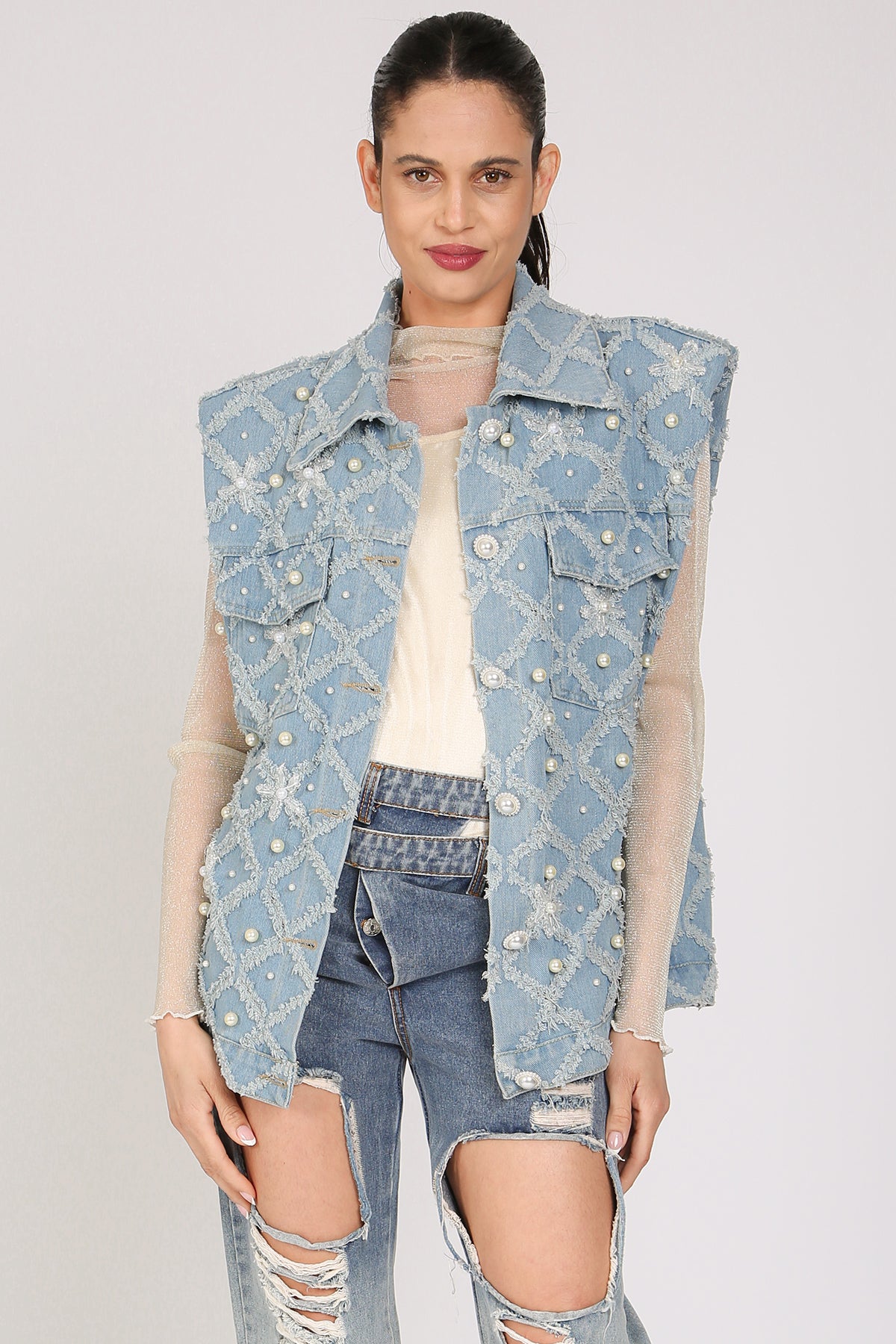 Parker Diamente Fringed & Multi-Pearled Denim Vest - Shop Beulah Style