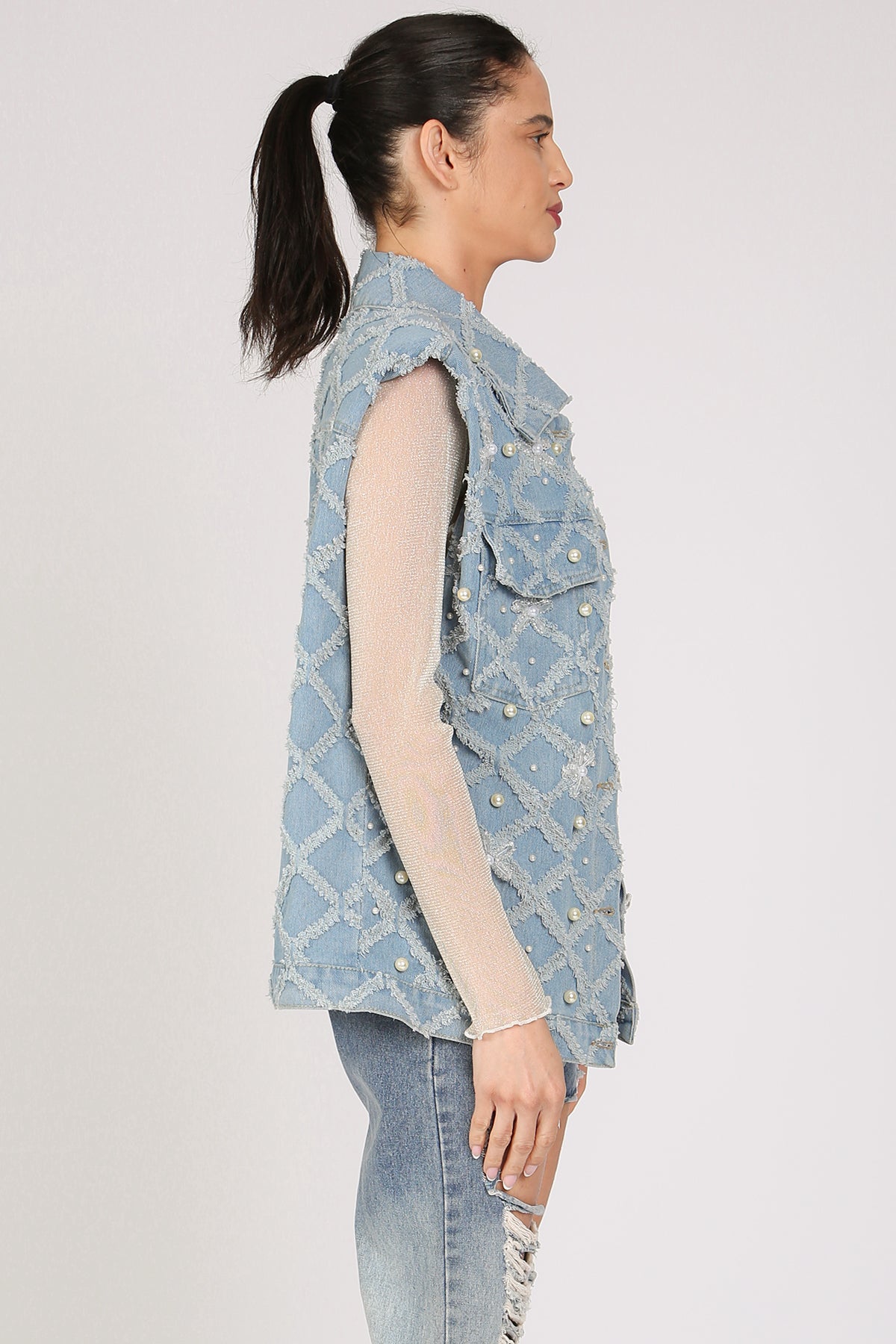 Parker Diamente Fringed & Multi-Pearled Denim Vest - Shop Beulah Style