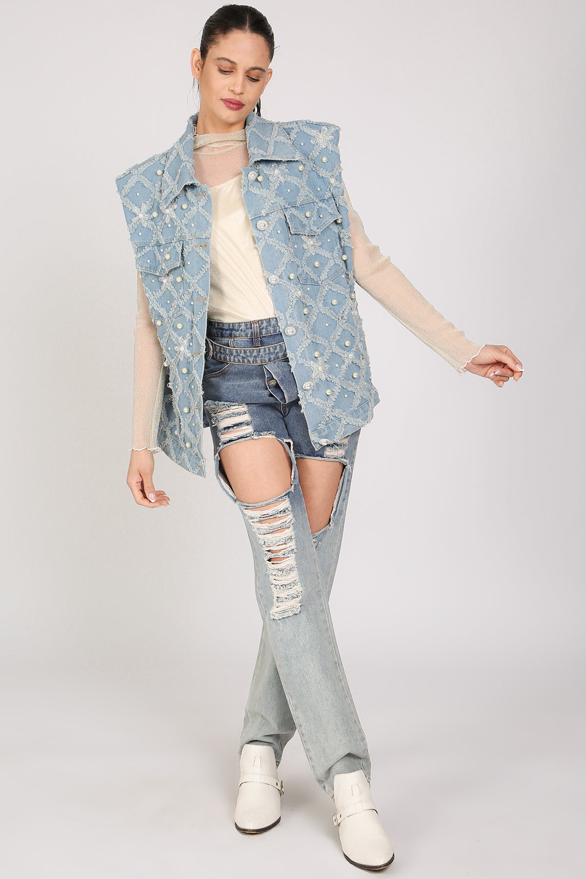 Parker Diamente Fringed & Multi-Pearled Denim Vest