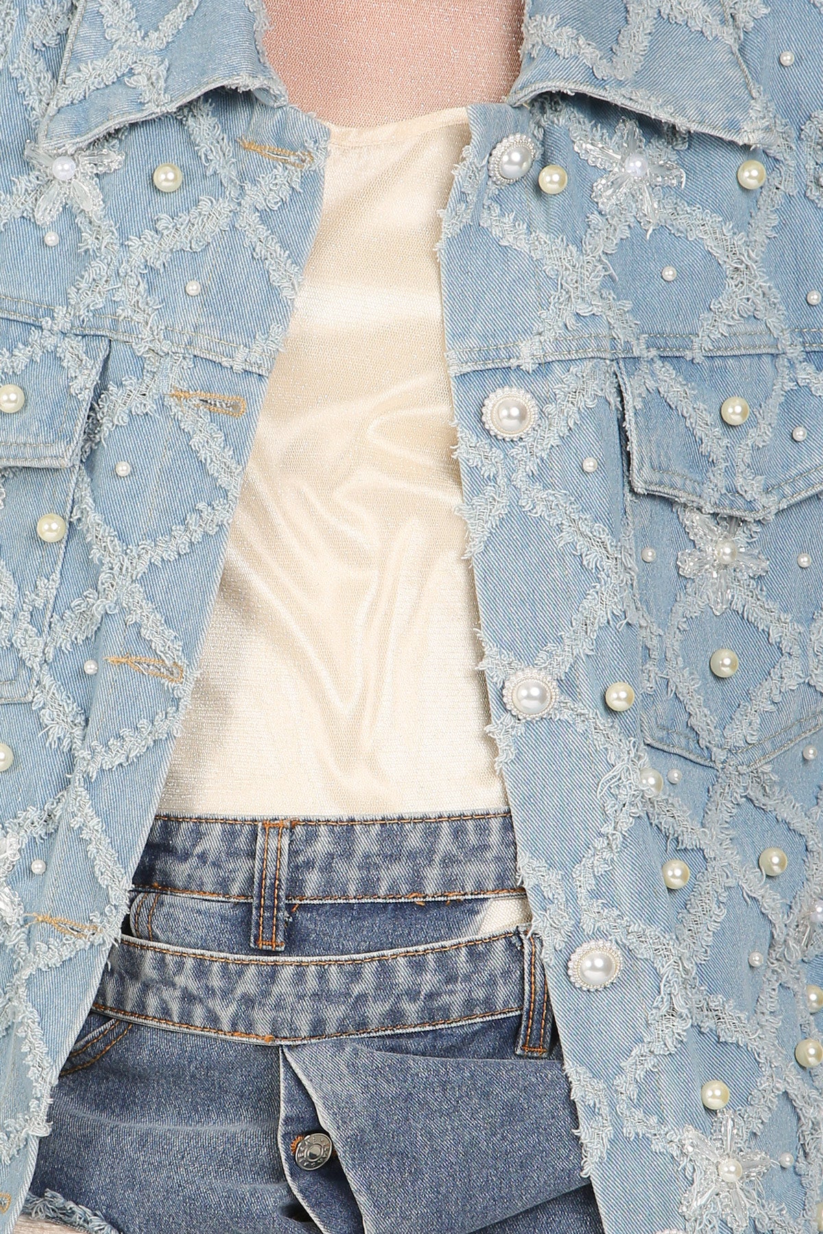Parker Diamente Fringed & Multi-Pearled Denim Vest