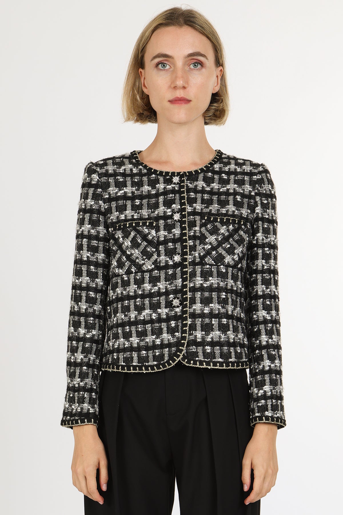 Danielle Plaid Tweed Glitter Braided Trim Detail Jacket