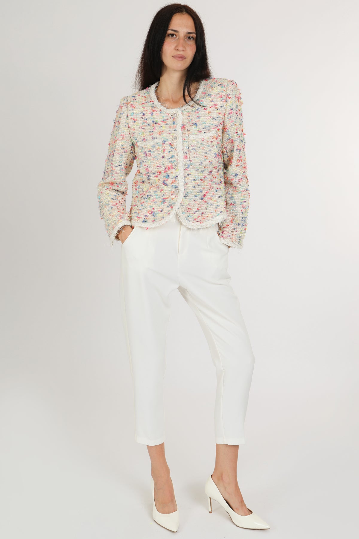 Viola Multicolor Fuzzy Braided Trim Tweed Jacket