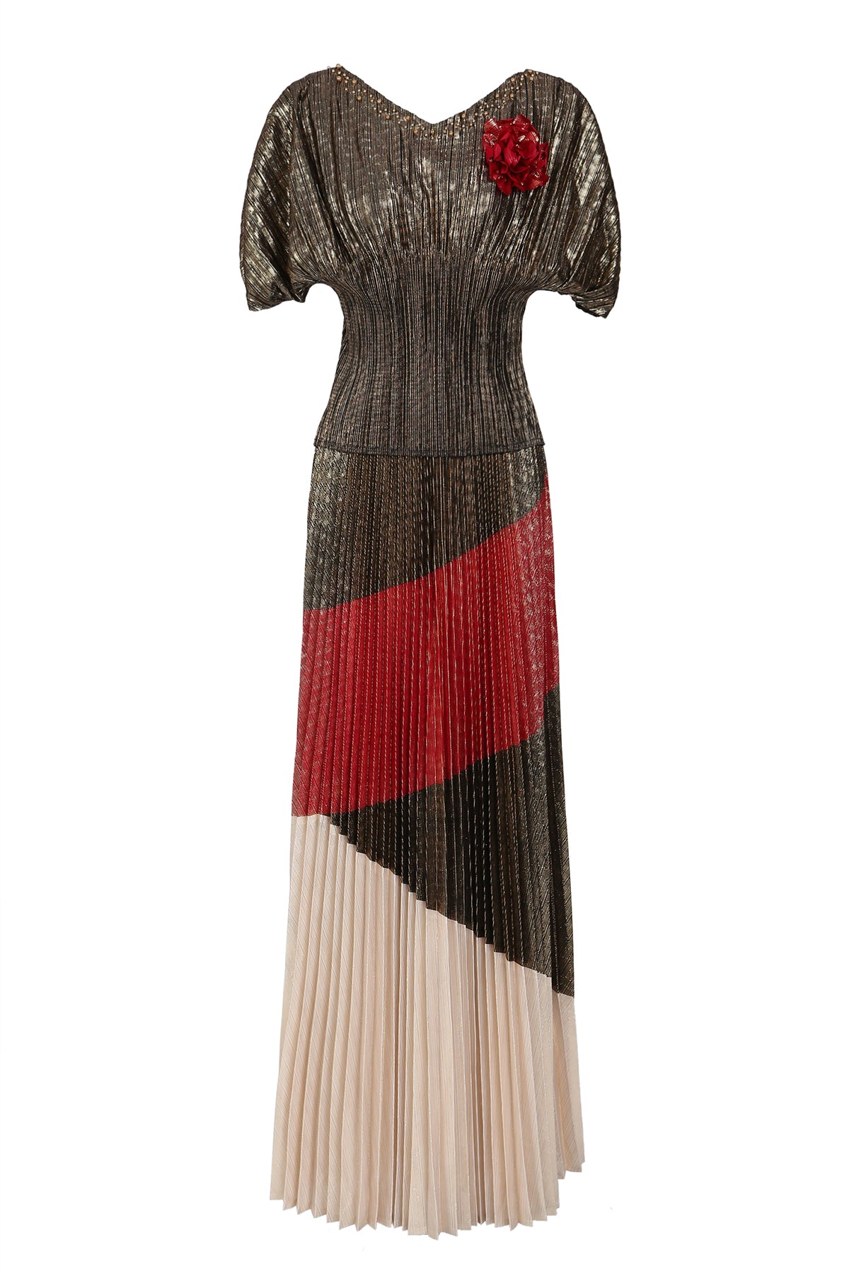Zachary Beaded Glossy Texture Pleats Top & Skirt Set