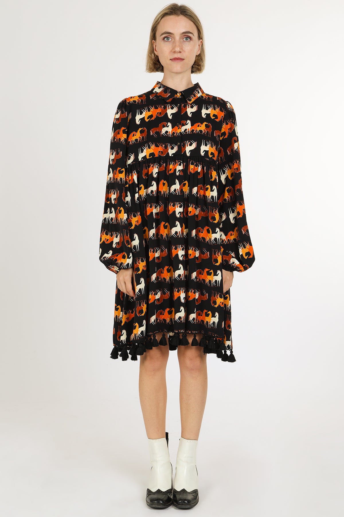 Neal Horse Printed Tassel A-Line Midi Shirt Dress