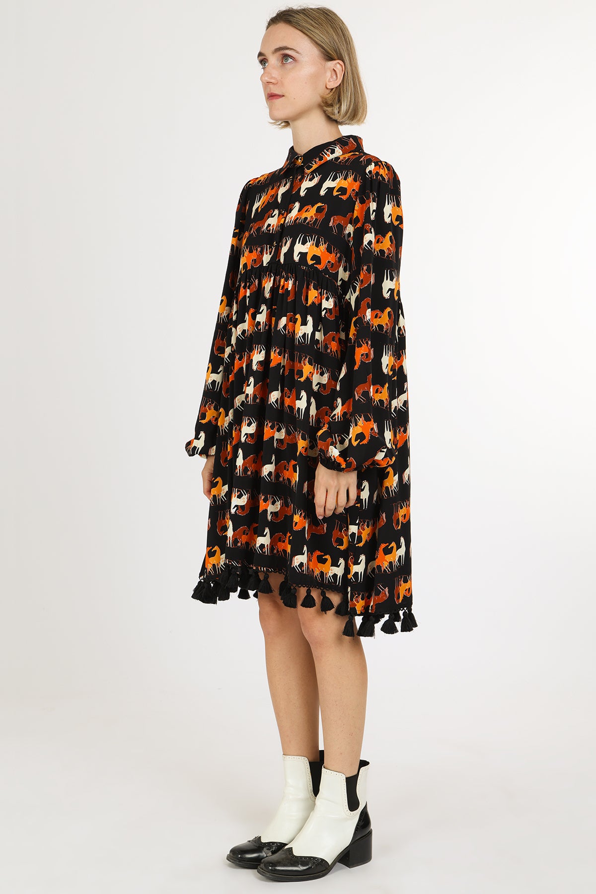 Neal Horse Printed Tassel A-Line Midi Shirt Dress