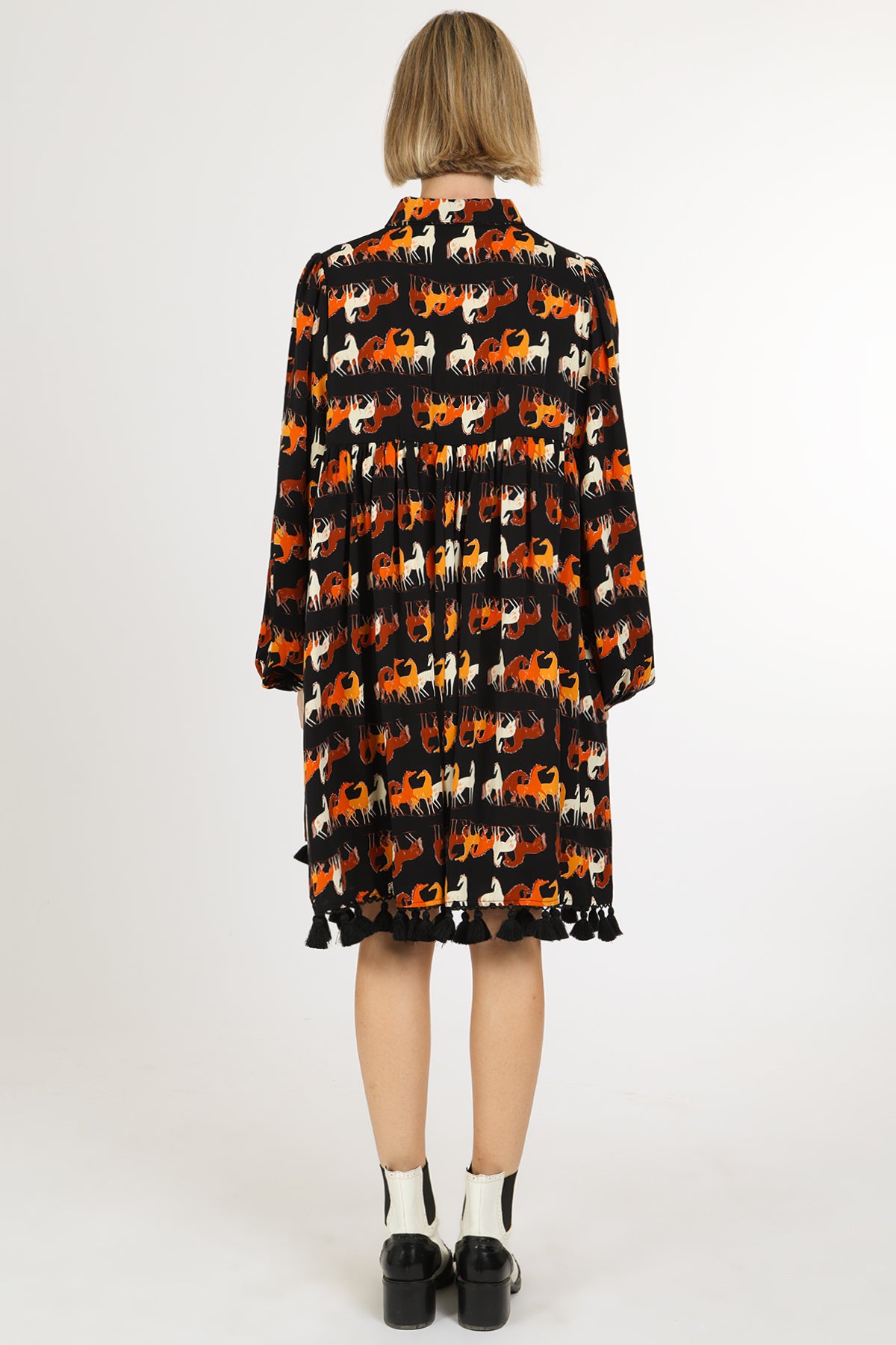 Neal Horse Printed Tassel A-Line Midi Shirt Dress