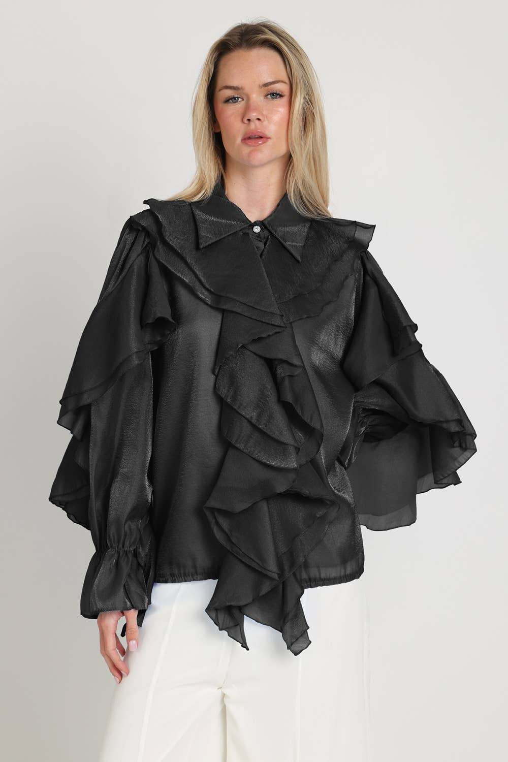 Shimmer Organza Voluminous Ruffled Blouse