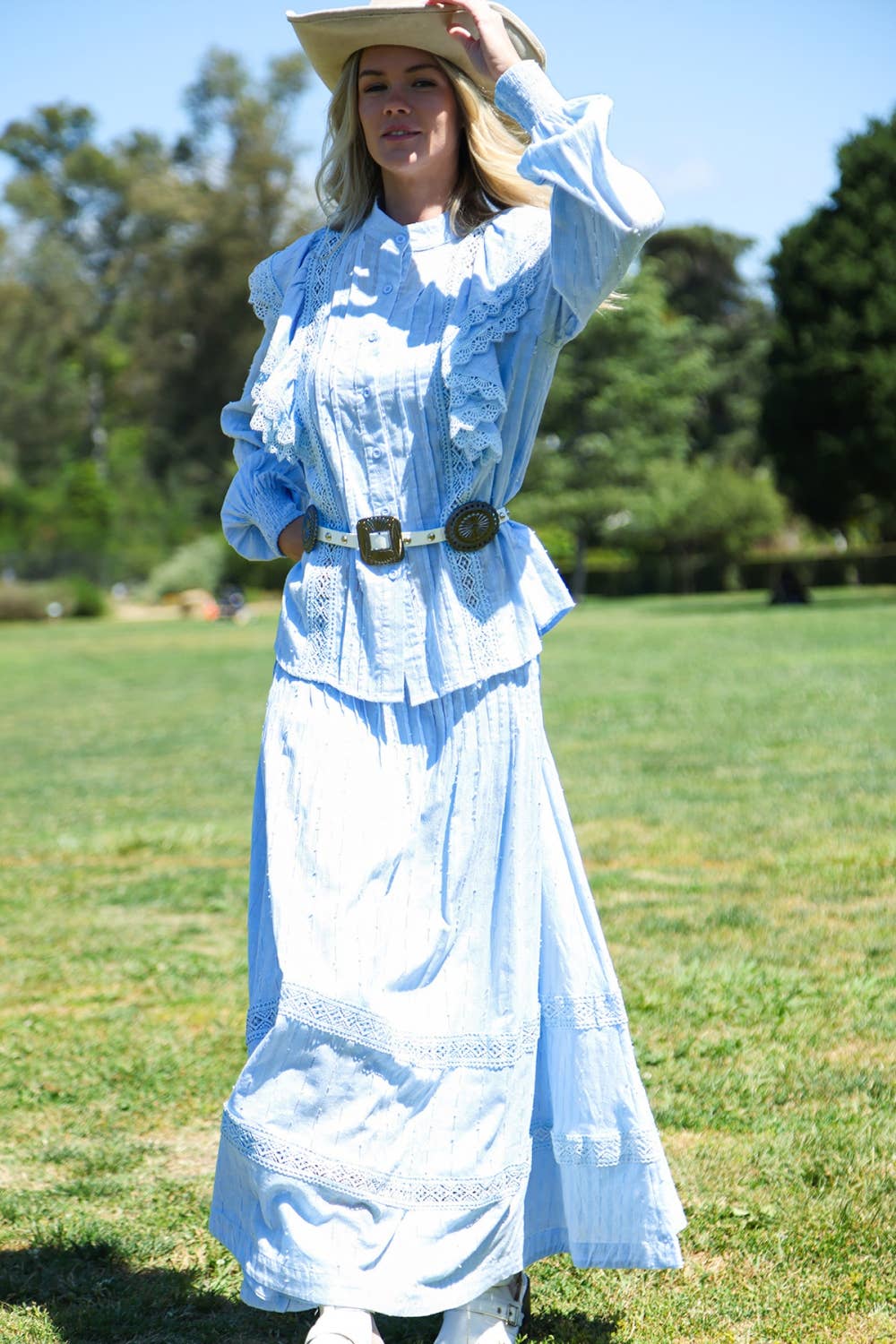 Lace Trimmed Ruffled Blouse And Tiered Maxi Skirt Set