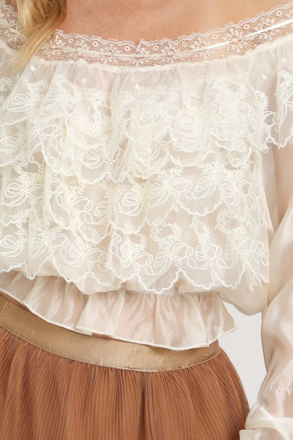 Lace Embroidered Organza Ruffle Crop Top