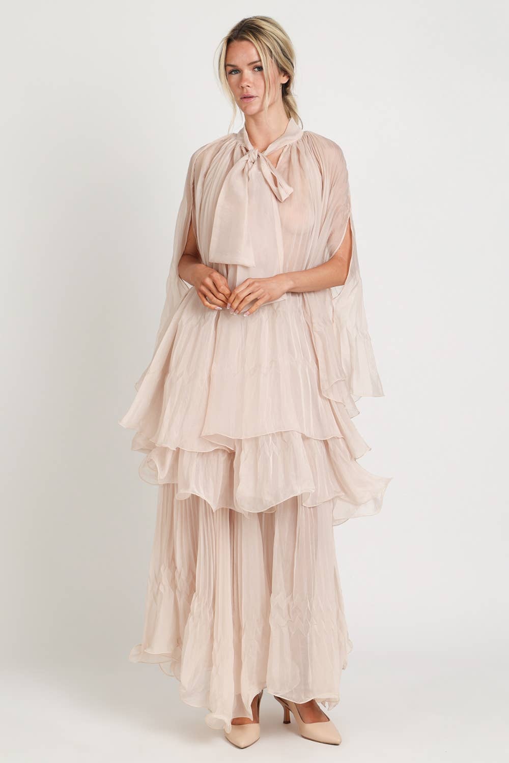Pleated Sheer Tie Neck Top And Tiered Maxi Skirt Set