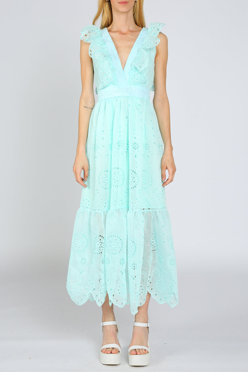 Ruffle Shoulder Eyelet Embroidery Dress - Shop Beulah Style