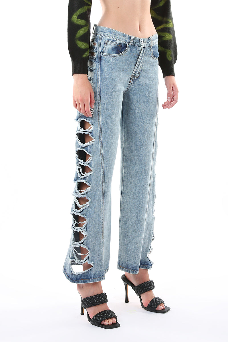Denim Pants with Side Cut-Outs - Shop Beulah Style