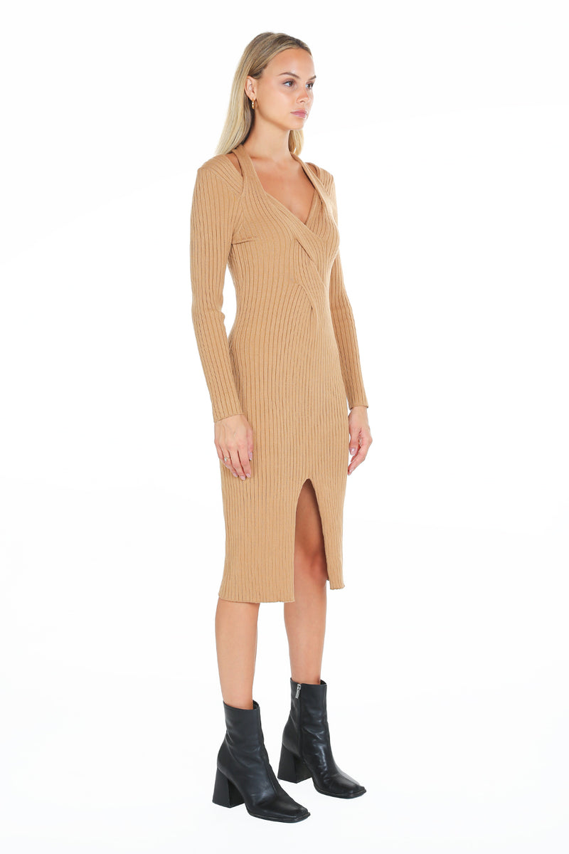 Cashmere blended  Halter neck & Semi off shoulder Midi Dress - Shop Beulah Style