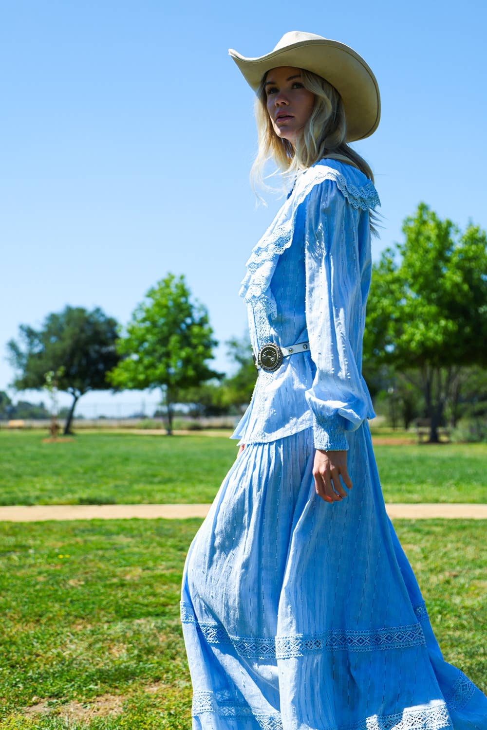 Lace Trimmed Ruffled Blouse And Tiered Maxi Skirt Set