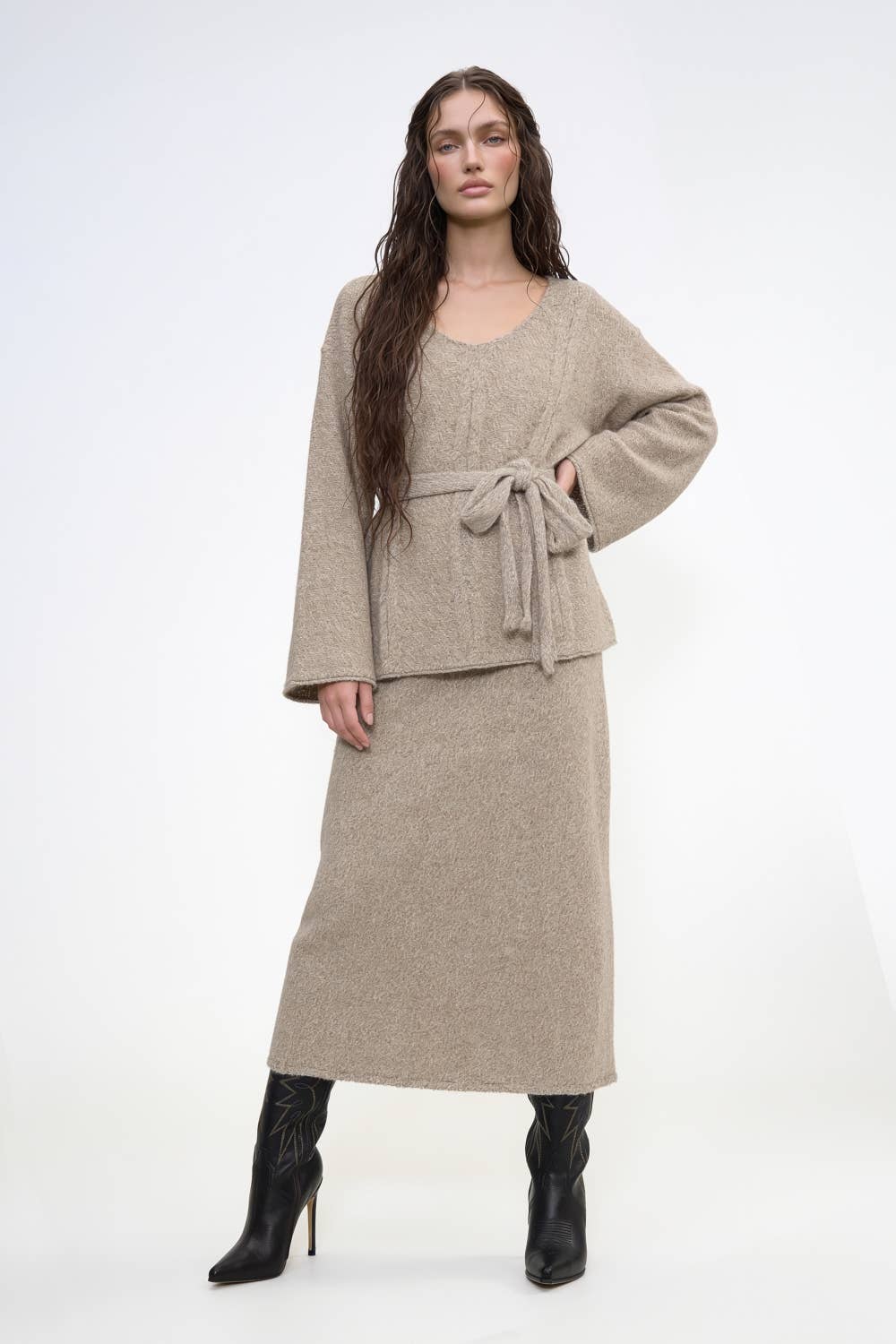 Belted Cable Knit Tunic Top And Maxi Skirt Set