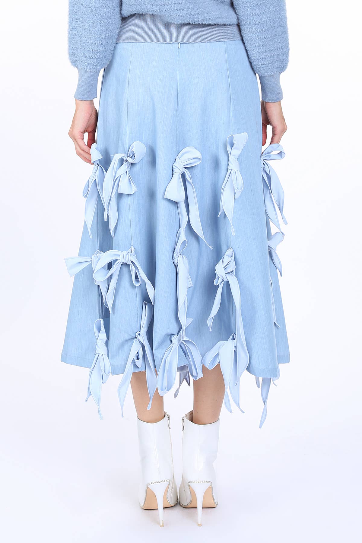 Multi Ribbon Tie Applique A-Line Midi Skirt