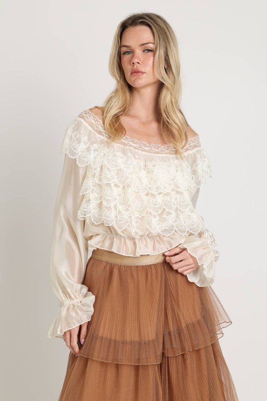 Lace Embroidered Organza Ruffle Crop Top