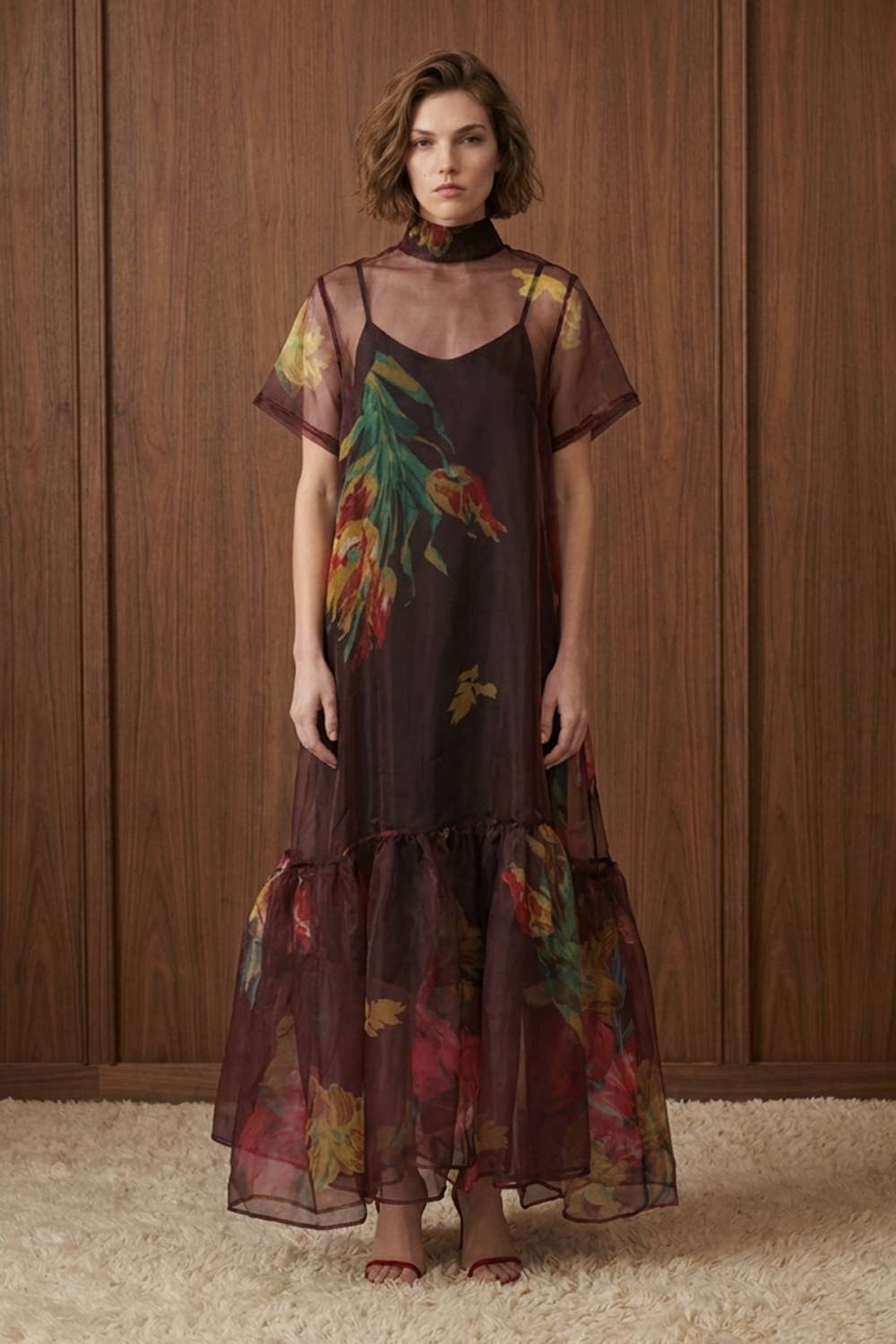 Floral Print Sheer Organza Tie Neck Maxi Dress