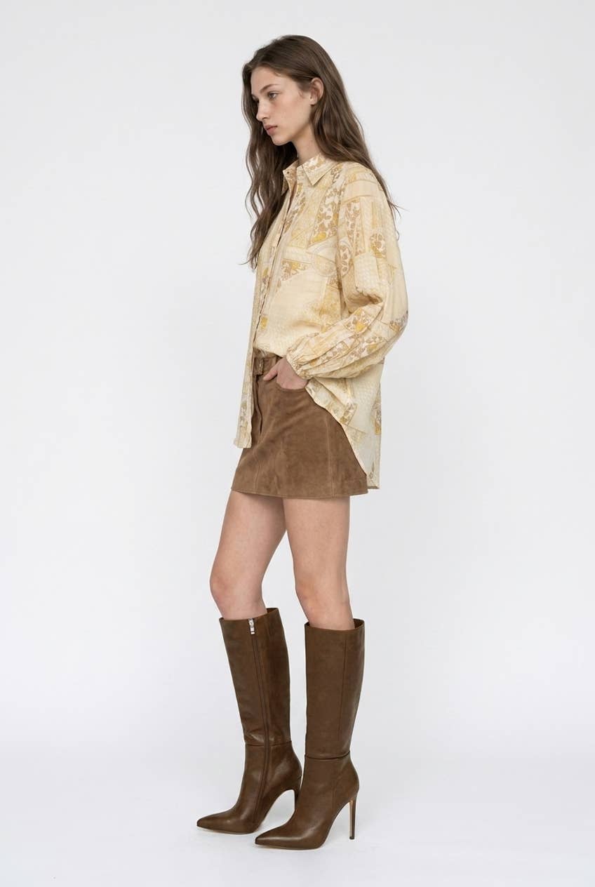 Multi-Print Sheer Button Up Shirt