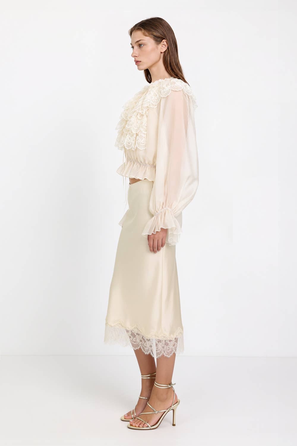 Lace Embroidered Organza Ruffle Blouse