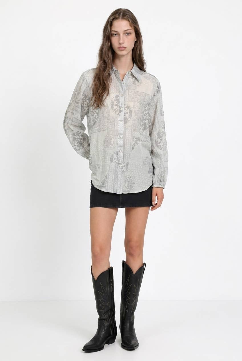 Multi-Print Sheer Button Up Shirt