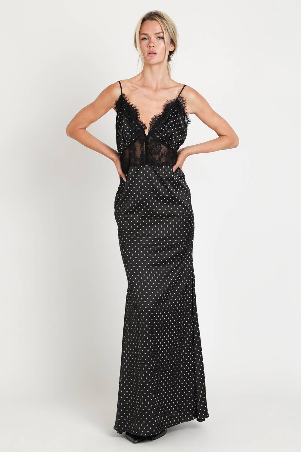 Polka Dot Lace Trim Satin Slip Maxi Dress