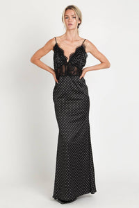 Polka Dot Lace Trim Satin Slip Maxi Dress