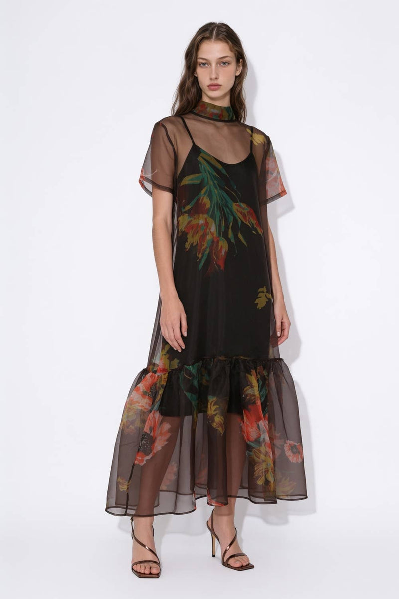 Floral Print Sheer Organza Tie Neck Maxi Dress
