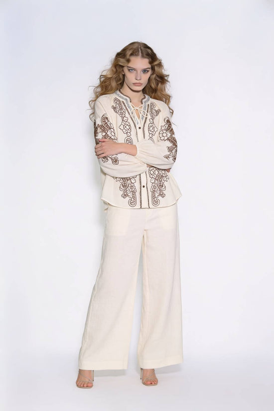 Cutout Embroidered Jewel-Trimmed Peasant Blouse