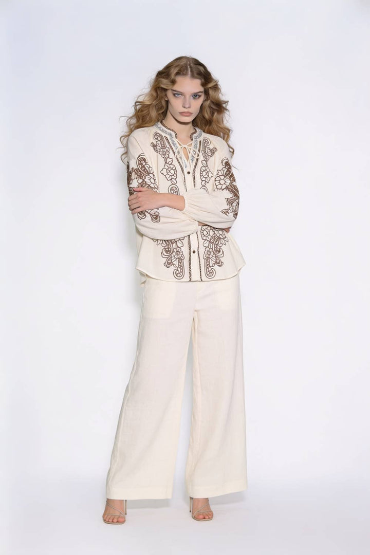 Cutout Embroidered Jewel-Trimmed Peasant Blouse
