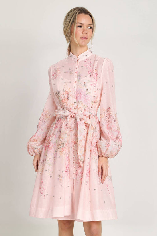 Floral Print Studded Mini Sheer Dress