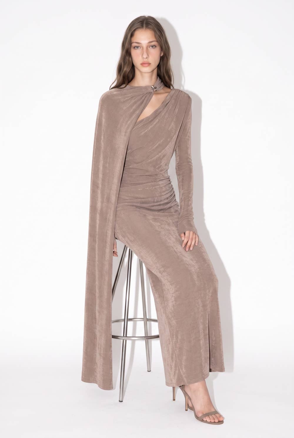 Asymmetric Draped Cape Maxi Dress