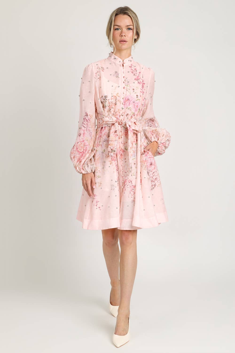 Floral Print Studded Mini Sheer Dress