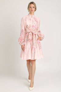 Crystal Embellished Floral Belted Shirt Dress