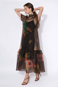 Floral Print Sheer Organza Tie Neck Maxi Dress