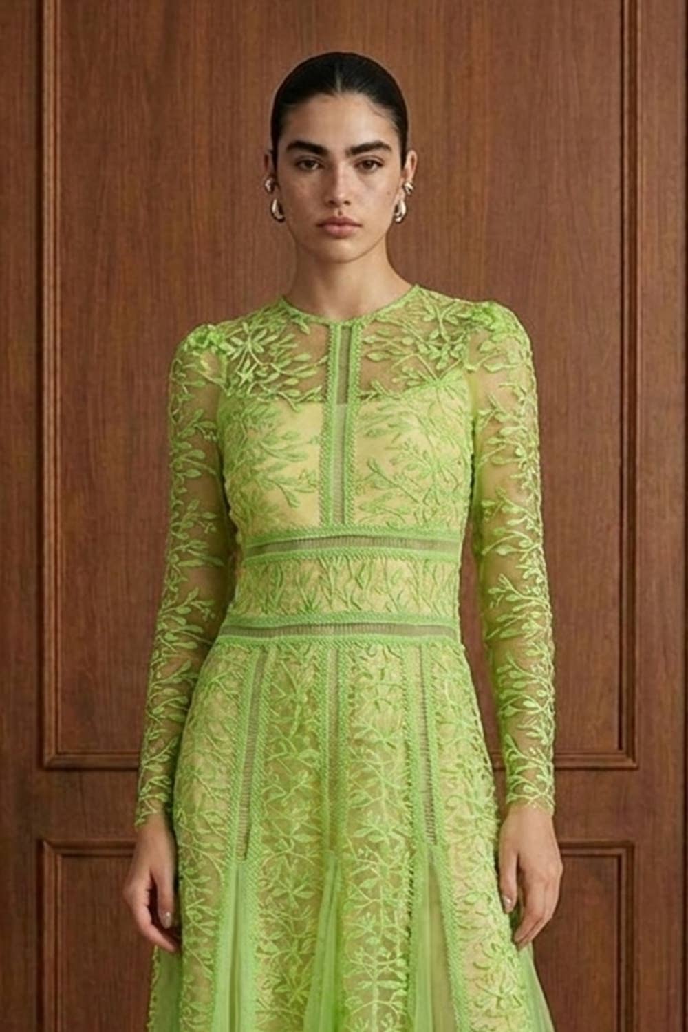 Embroidered Mesh Paneled Midi Dress