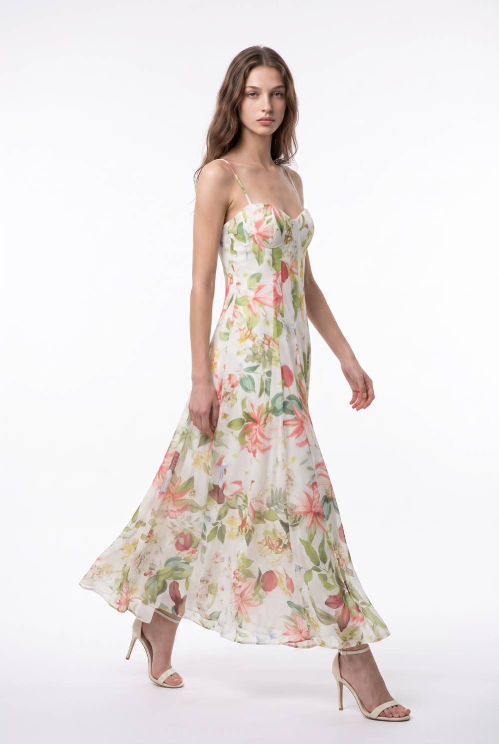 Botanical Print Corset Seamed Maxi Dress