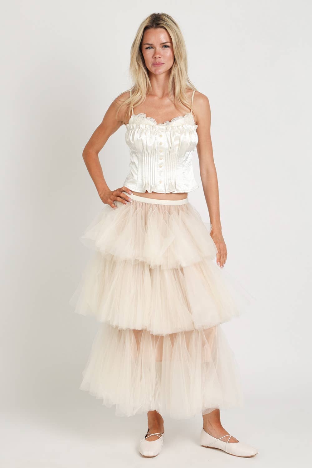 Glossy Embroidered Pleats Crop Camisole