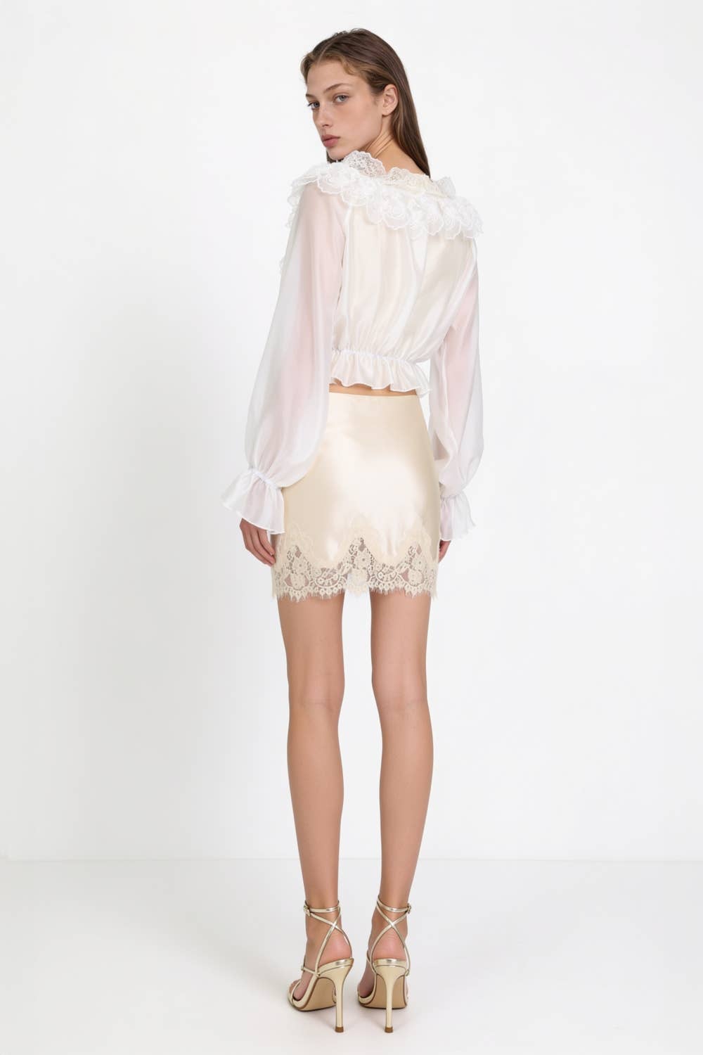 Lace Embroidered Organza Ruffle Blouse