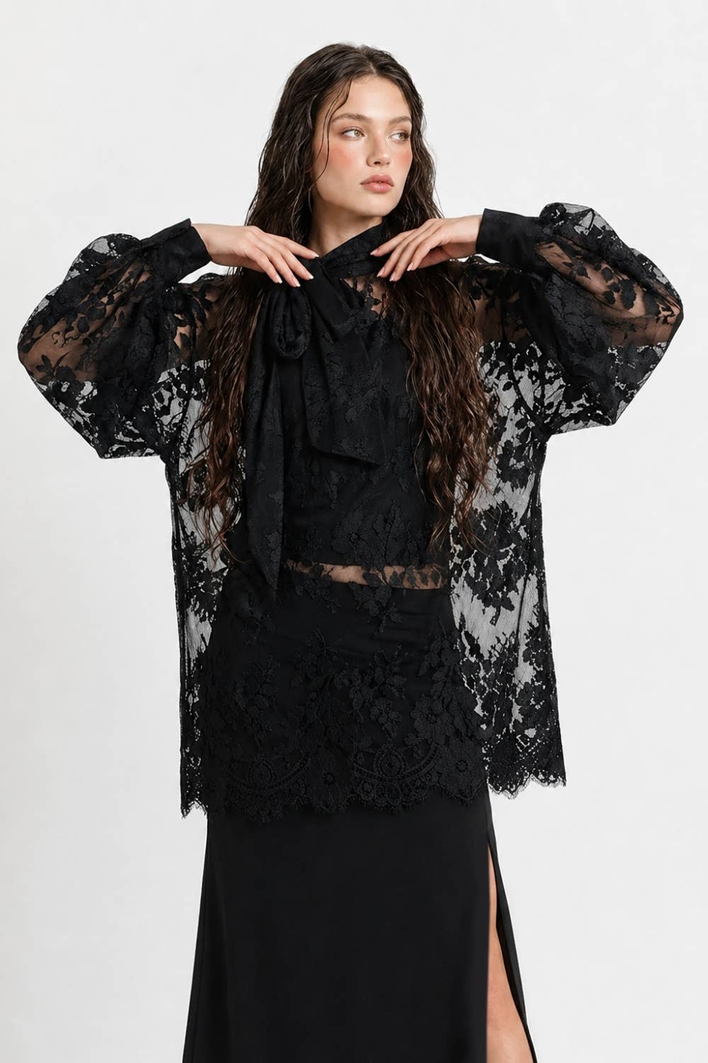 Sheer Floral Lace Tie Neck Oversized Blouse