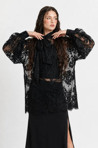Sheer Floral Lace Tie Neck Oversized Blouse