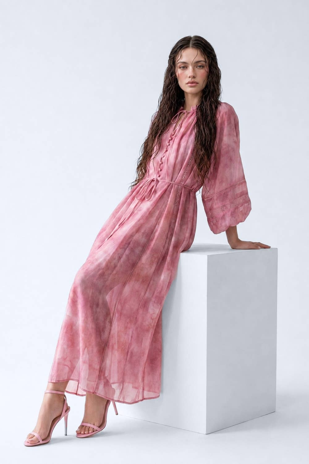 Abstract Print Lace-Trimmed Button-Front Maxi Dress