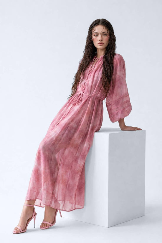 Abstract Print Lace-Trimmed Button-Front Maxi Dress