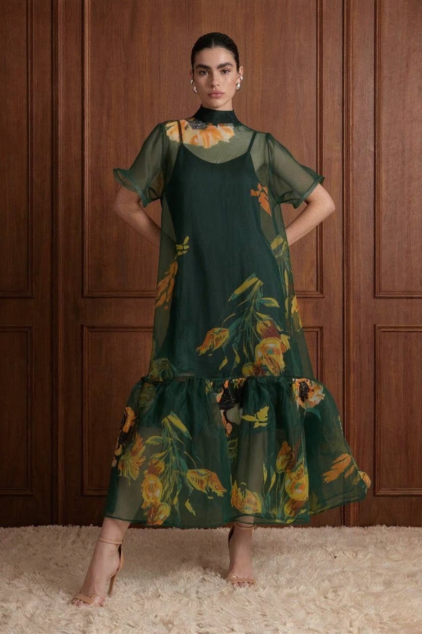 Floral Print Sheer Organza Tie Neck Maxi Dress