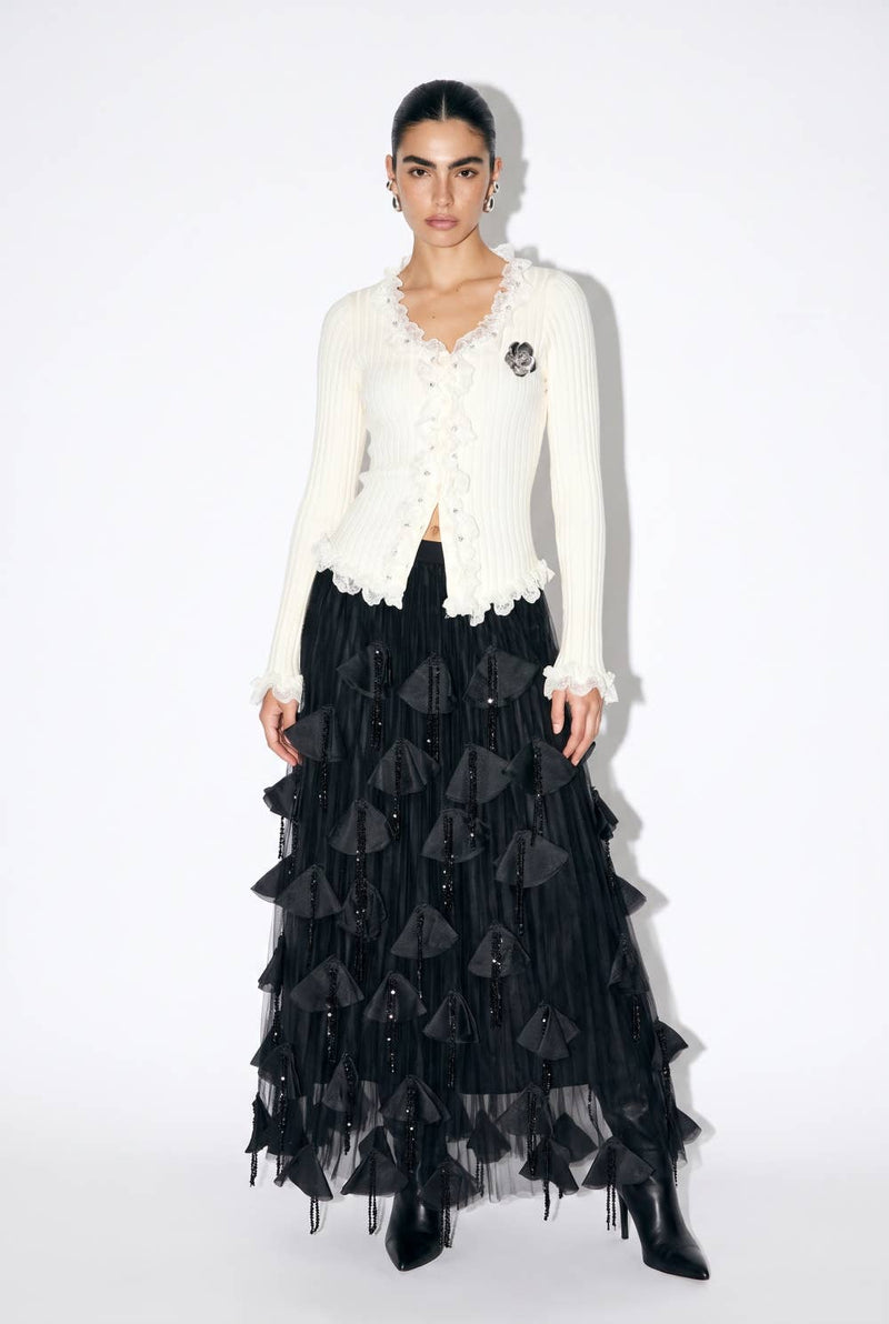 Ribbed Lace Trim Button Front Top