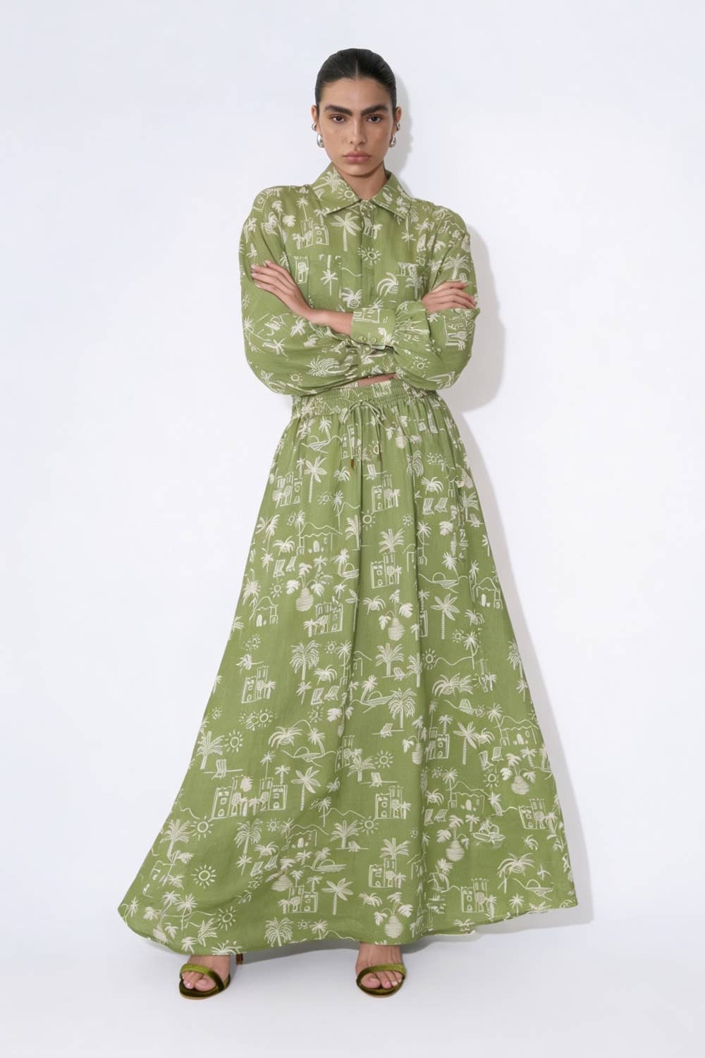 Coastal Illustrated Smocked Drawstring Maxi Skirt