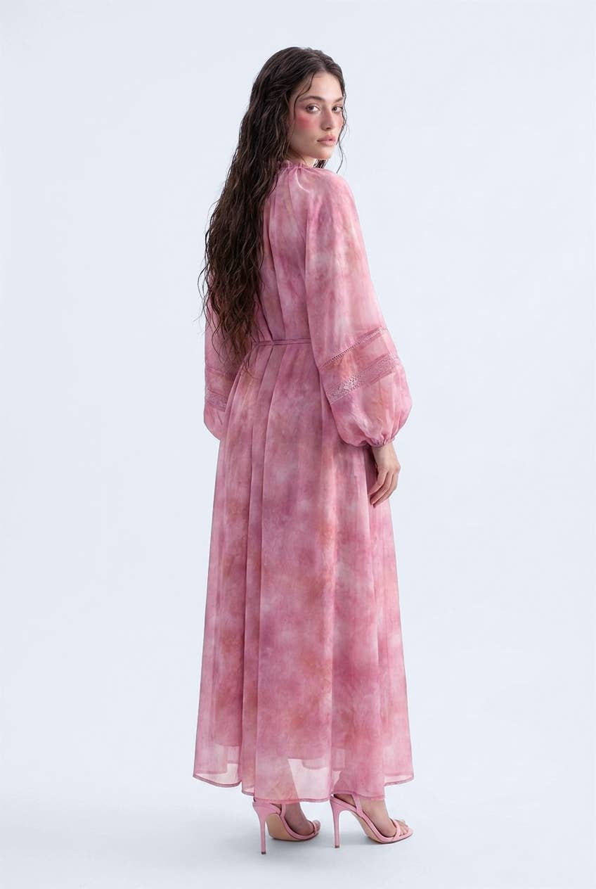 Abstract Print Lace-Trimmed Button-Front Maxi Dress