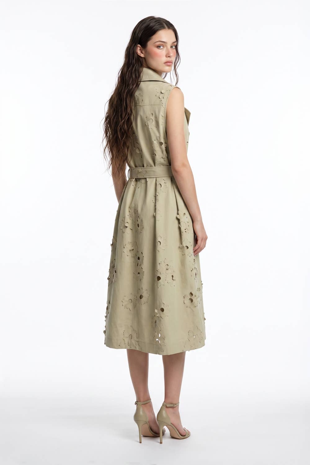 Floral Cutout Belted Sleeveless Trench Coat